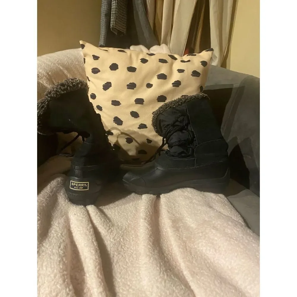 Size 6.5 Sperry Top Sider Syren Strait Quarter Faux Fur Rubber Boots Black